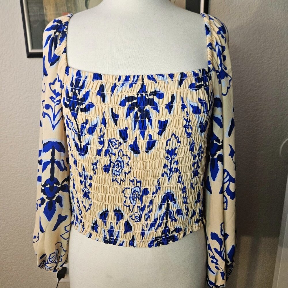 Sienna Sky Cropped Blouse Women's Size XL On/Off Shoulder Blue/Tan Floral Summer